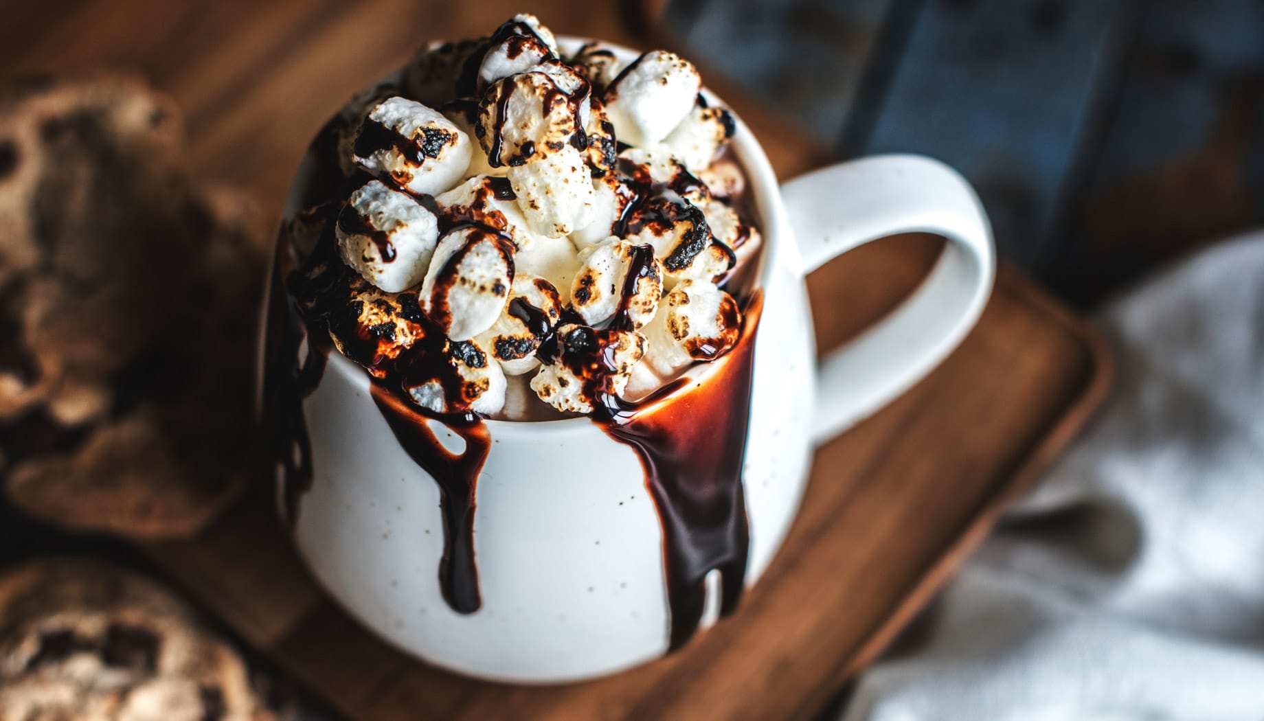 Cup of hot chocolate in a white mug with toasted marshmallows on top.
