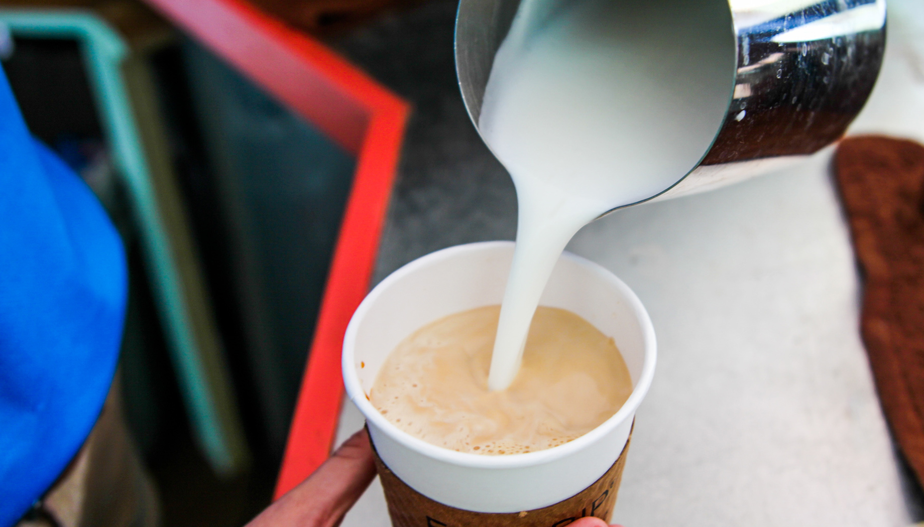 A hand pours steamed milk from a metal pitcher into a paper coffee cup on a countertop.