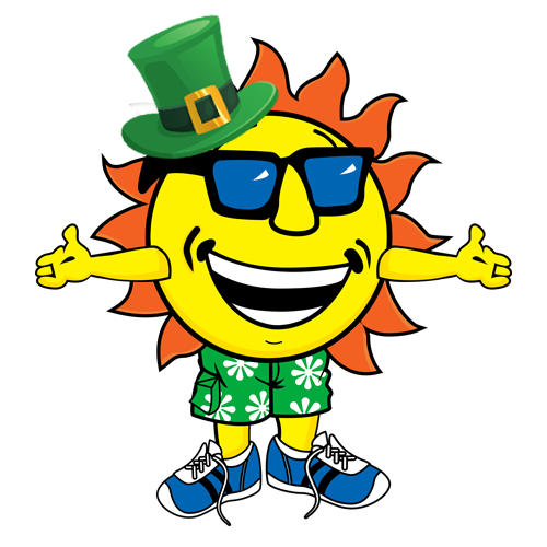 Ray, Splashway's sun mascot, in a green top hat, sunglasses, and floral swim trunks, smiling.
