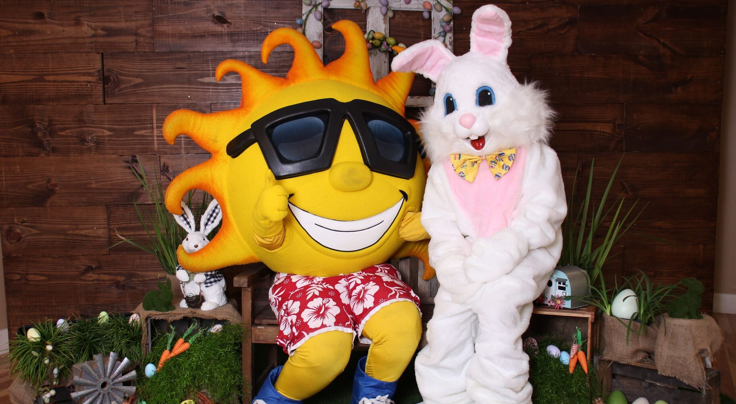 Person in a sun mascot costume and person in an Easter bunny costume standing together with a decorated wooden background.