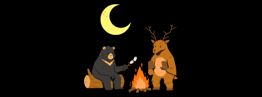 Illustration of a bear and a deer roasting marshmallows over a campfire under a crescent moon.