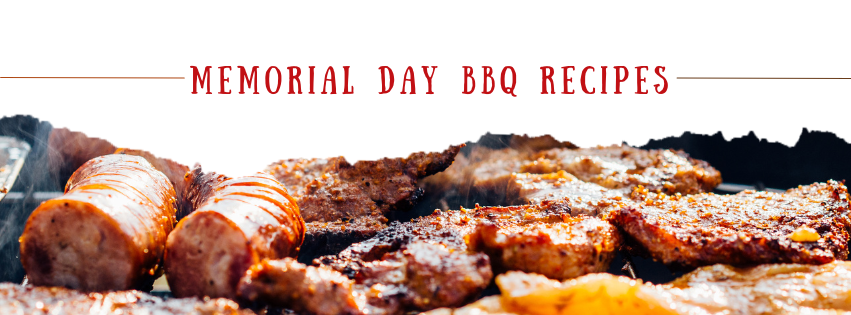 Grilled meats including sausages and steaks on a barbecue with the text "Memorial Day BBQ Recipes."