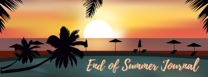 Illustration of a sunset over the ocean with palm trees and parasols, "End of Summer Journal".