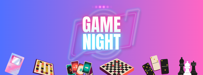 "Game Night" banner with illustrations of board games, cards, dominoes, and a game console.