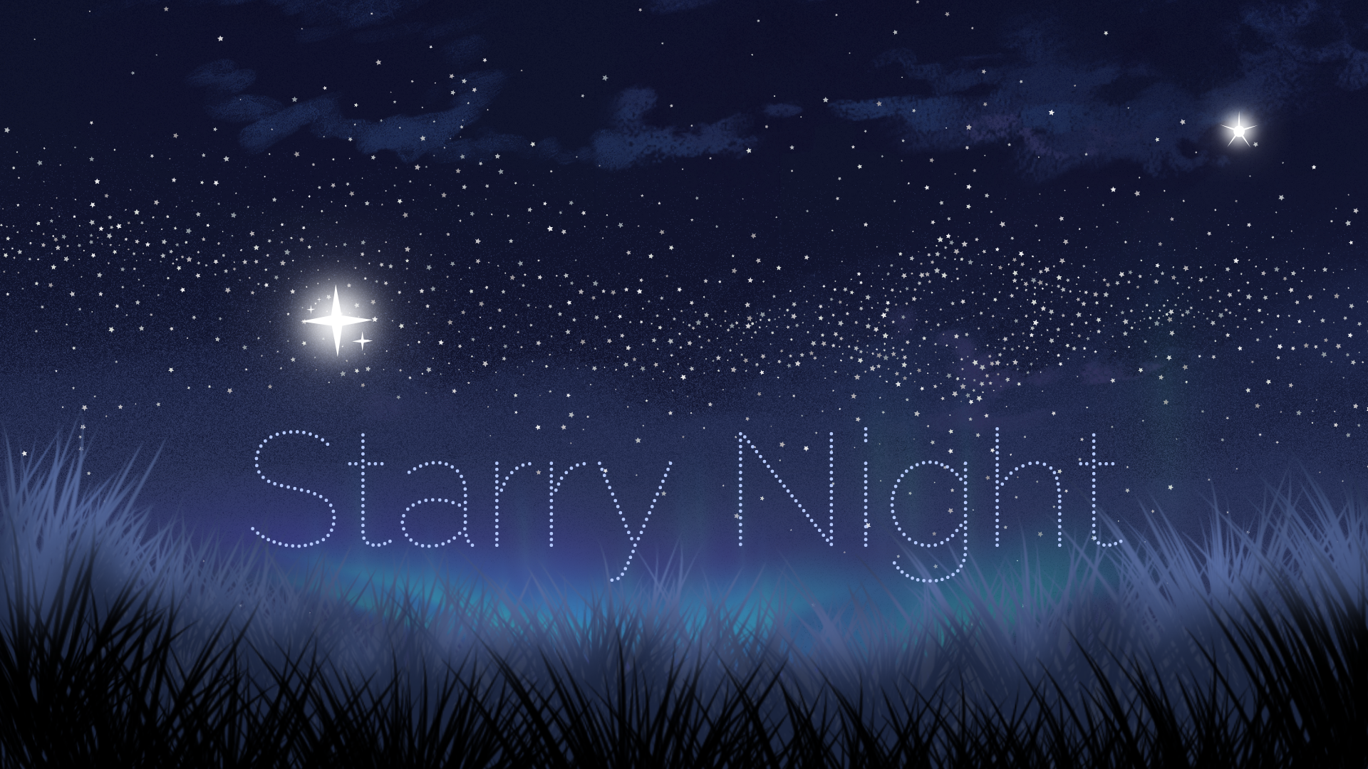 Illustrated night sky with numerous stars and glowing "Starry Night" text over silhouetted grass.